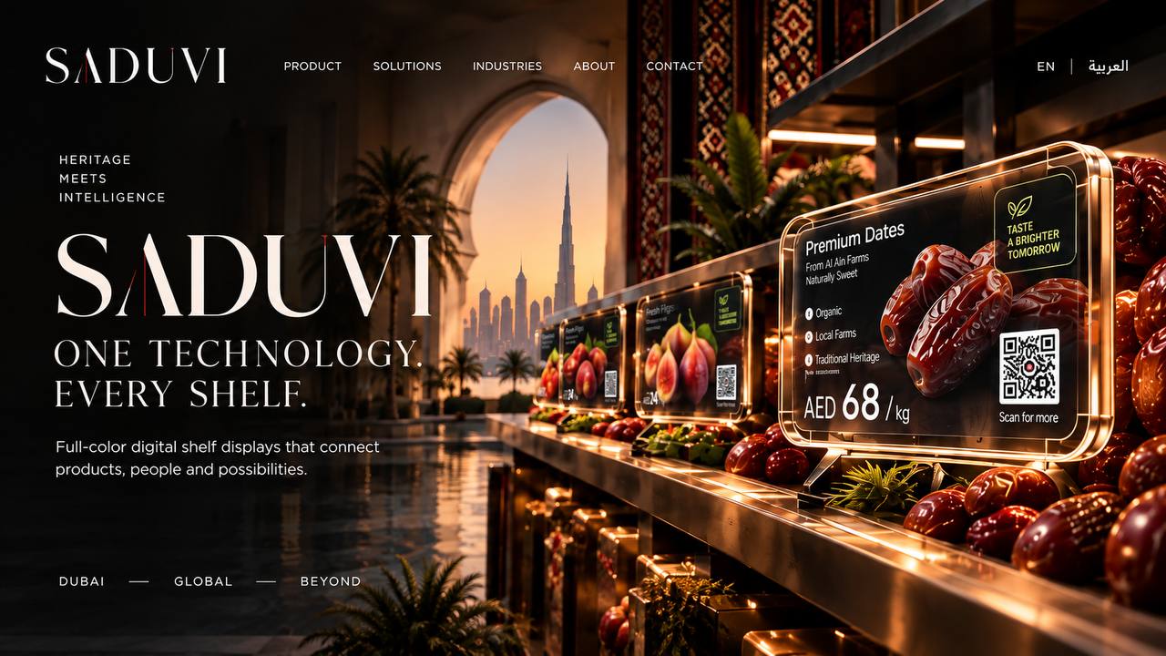 SADUVI — Heritage Meets Intelligence. One technology. Every shelf. Premium Dates on digital shelf display, Dubai skyline through mashrabiya arch.